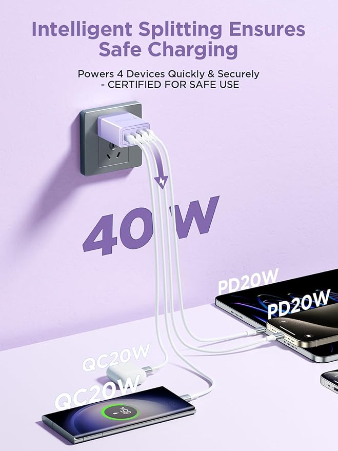 USB C Wall Charger, 40W 4-Port Fast USB C Charger Block Dual Port PD + QC Wall Plug Multiport Type C Charging Block for iPhone 17 16 15 14 13 12 11 Pro Max XS XR 8, iPad, Samsung Phone, Tablet
