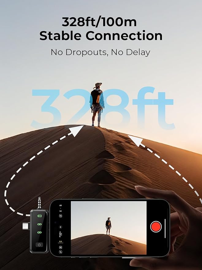 3-in-1 Mini Microphone for iPhone: Wireless Lavalier Microphone with 80ft Range & 15H Battery - Noise Reduction Lapel Mic, Real-Time Monitoring for Video Recording, Vlog,Light Black