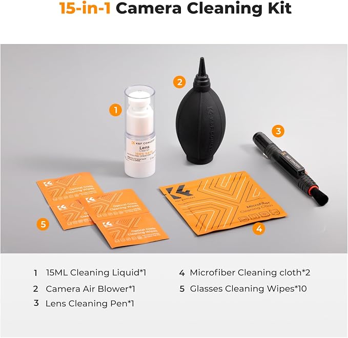 K&F CONCEPT 15-in-1 Camera Lens Cleaning Kit with Camera Blower, Glasses Wipes*10, Cleaning Liquid, Microfiber Cleaning Cloth*2, Lens Cleaning Pen for DSLR Camera Lens Filter Cell Phones - Image 8