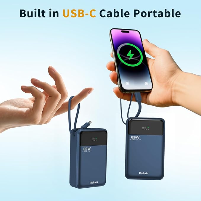 Hichain Laptop Power Bank 65W Laptop Portable Charger 20000mAh Battery Pack Fast Charging with USB C Cable, Phone Charger for iPhone 17/16/15/14/13 All Series/Samsung/Android, Camping Essential, Blue