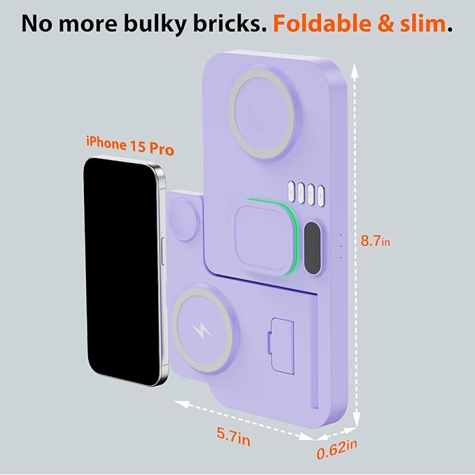 Dual Phone Magnetic Wireless Charging Station for Apple Ecosystem, Wireless Charging Station for Apple Devices with Auto Switch 7-Color Light & Clock,for iPhone17,for iwatch10, for AirPods Pro3（Puple