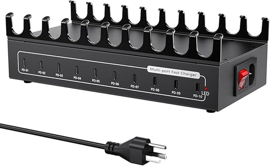 200W Charging Station for Multiple Devices, 10 Ports USB C Fast Charger Station, Desktop Multi-Port Fast Charger with Storage Dividers, Compatible with Cellphone, Kindle, Tablet, iPhone, iPad and More