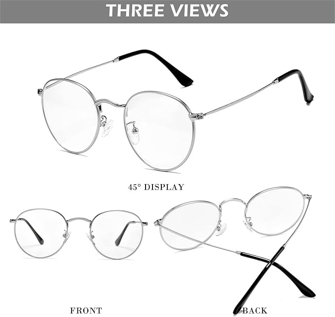 HJSTES Round Blue Light Glasses for Women Men Retro Circle Clear Lens Metal Frame Eyeglasses