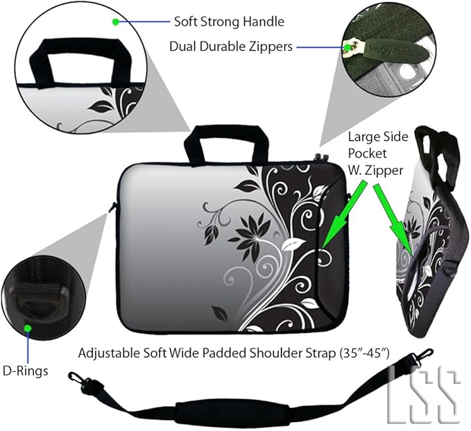 LSS 13.3 inch Laptop Sleeve Bag Carrying Case Pouch w/Handle & Adjustable Shoulder Strap,Gray Black Swirl Floral