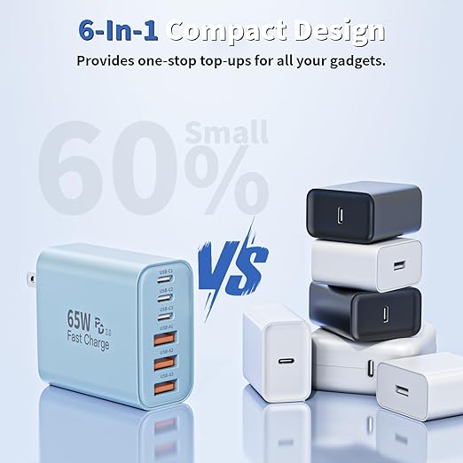 2Pack 65W USB C Charger Block,6-Port USB C Wall Charger Fast Charging,PD Type C Plug Adapter+QC Plug Compatible with Apple iPhone 17 17Air 16E 16Pro Max 16 15 14 13 12 11 XS Max,iPad Pro,AirPods,Blue.