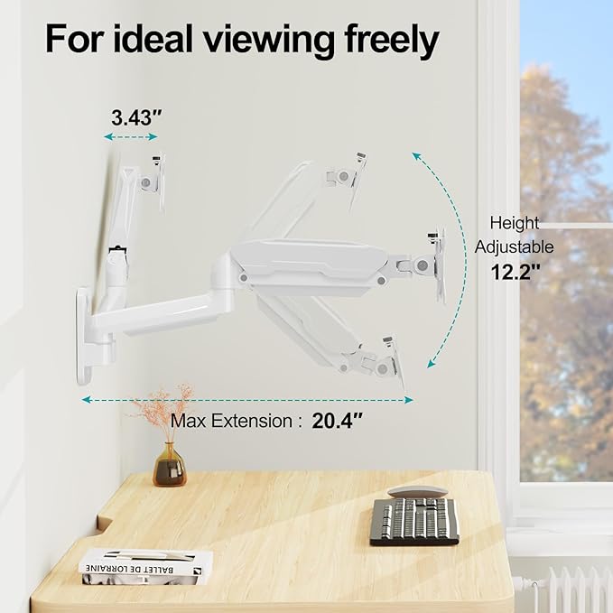 MOUNT PRO Dual Monitor Wall Mount for 13 to 32 Inch Computer Screens, Gas Spring Wall Monitor Arm for 2 Monitors, Each Holds Up to 19.8lbs, Adjustable Wall Monitor Mount with VESA 75x75/100x100, White