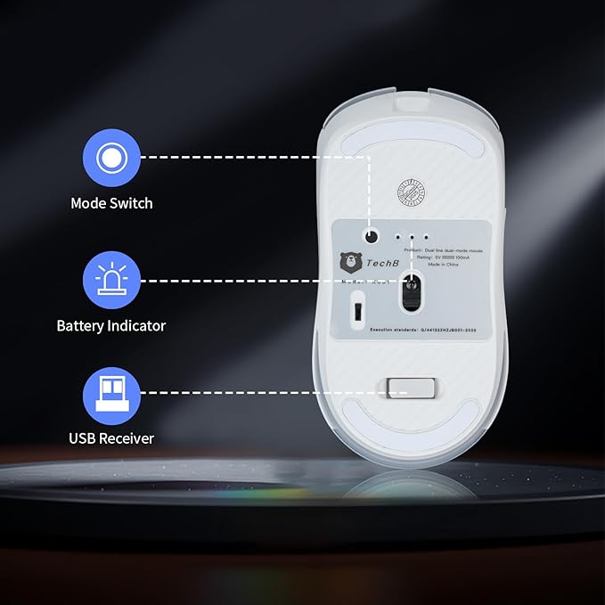 Gaming Mouse, Rechargeable Computer Mouse with with 2 Side Buttons, Type-C Adapter for Laptop, PC, Notebook - White