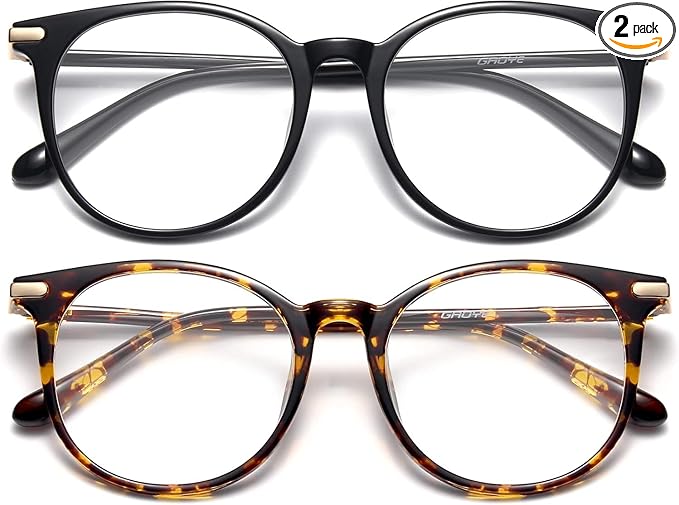 Gaoye 2 Pack Blue Light Blocking Glasses, Retro Round Eyewear Frame Anti Eyestrain Computer Glasses for Women Men - GY1688 (Black+Tea Leopard)