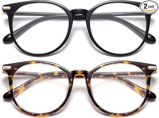 Gaoye 2 Pack Blue Light Blocking Glasses, Retro Round Eyewear Frame Anti Eyestrain Computer Glasses for Women Men - GY1688 (Black+Tea Leopard)