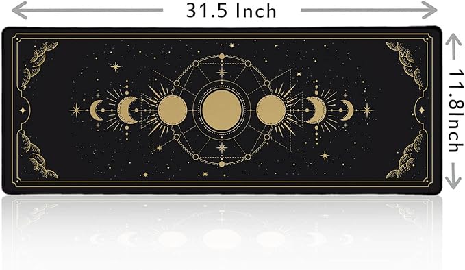 Moon Phases Large Mouse Pad, Celestial Moon Cycle Lunar Chart in Black and Gold Desk Pad, Stars in Space Horoscope Desk Mat, Mystical Astronomy Mouse Pads for Gamer Home&Office, 31.5x11.8 In