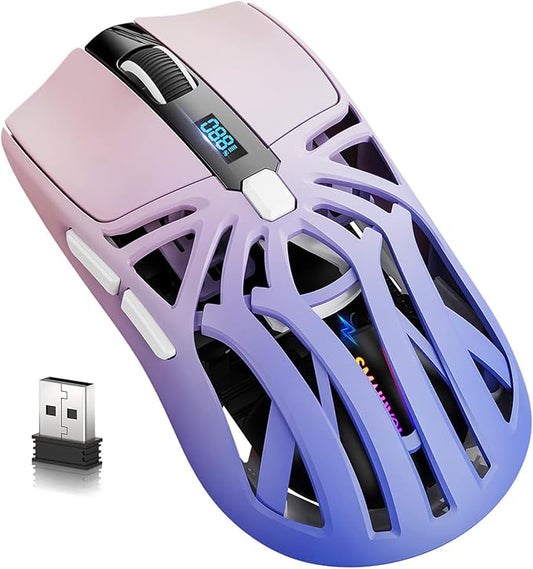 Wireless Gaming Mouse, 10000 DPI, Tri-Mode 2.4GHz/Bluetooth/Wired Mouse, 6 Buttons, Digital Display, Silent Mice, Rechargeable, Customizable Macro and RGB Backlight for PC/Mac/Laptop (Purple)