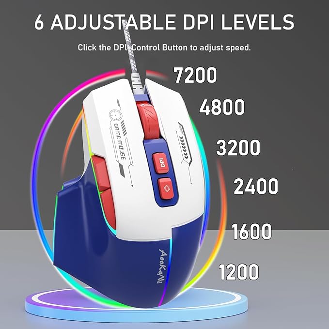 Wired Gaming Mouse, Gaming Mouse with RGB Backlit, 7200DPI Adjustable, PC Gaming Mice with 7 rogrammable Macro Buttonsg, Ergonomic Mouse Gamer for PC, Desktop, Mac???Laptop, Chromebook. (Blue)