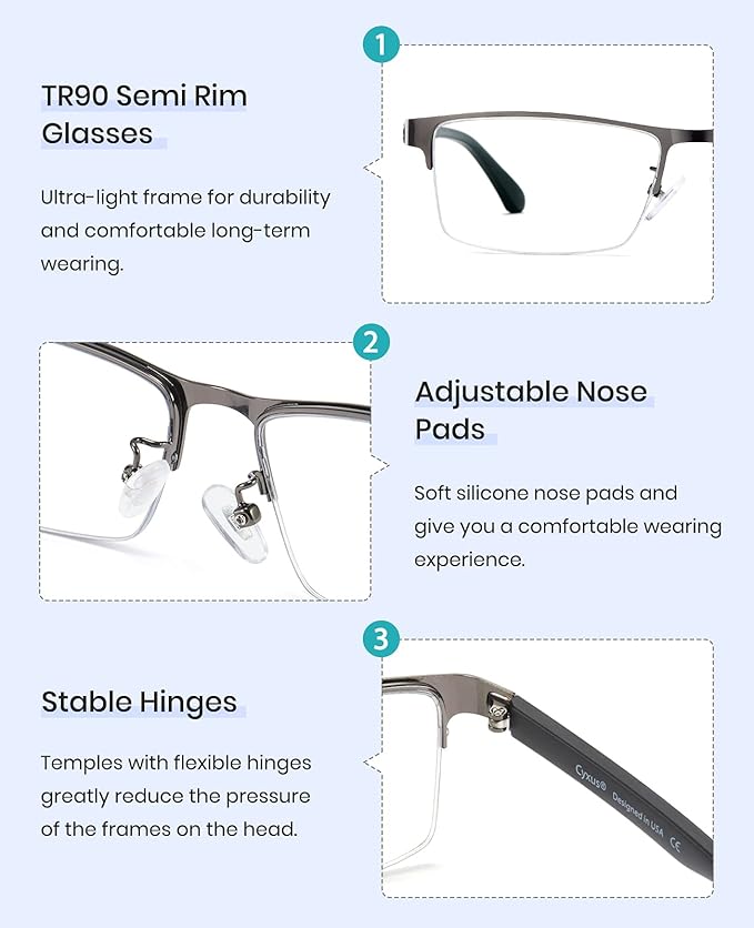 Cyxus Blue Light Blocking Glasses for Men Woman Semi Rim Computer Gaming Office Study Eyeglasses with UV Protection 8001