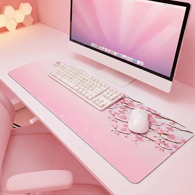 Large Mouse Pad Mat 11.8 x31.5 inches with Stitched Edge Non-Slip Rubber Base for Home Office Gaming Desk Mouse Pads Mats Accessories (Pink Flowers)