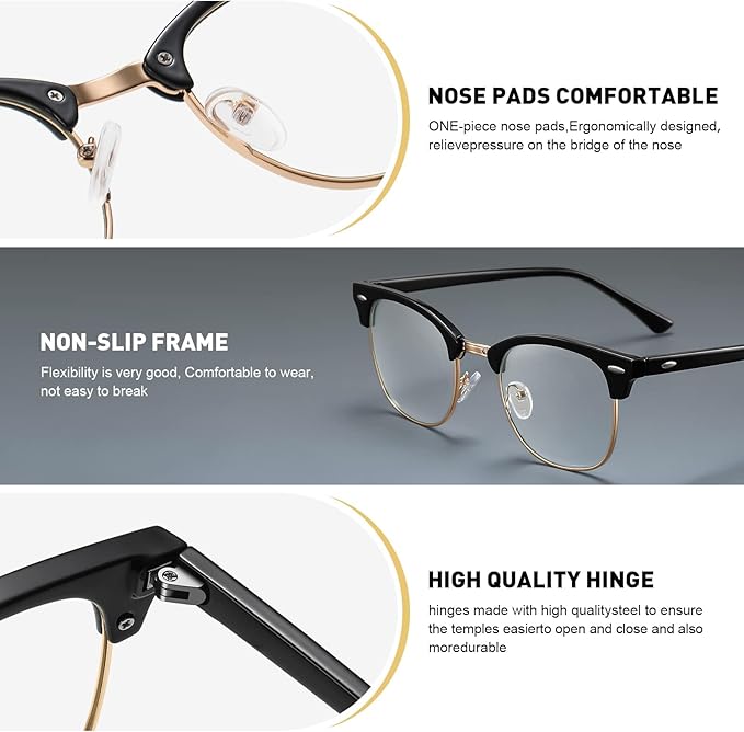 Blue Light Blocking Glasses Vintage Half Frame UV Clear Lens Anti Eyestrain Computer Gaming Glasses for Women Men(P62)