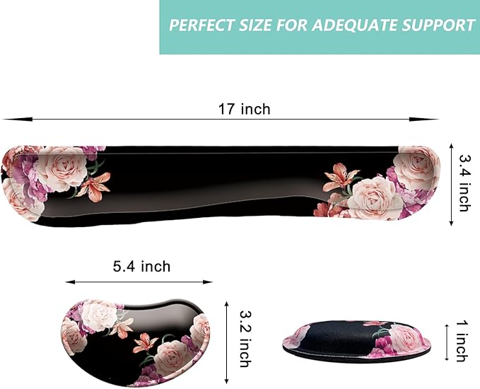 Keyboard Wrist Rest Mouse Wrist Support Set, Memory Foam Wrist Rest Pad for Computer Laptop Keyboard Mouse, Ergonomic Wrist Cushion Support for Typing Pain Relief, Gaming Home Office, Flowers Pink