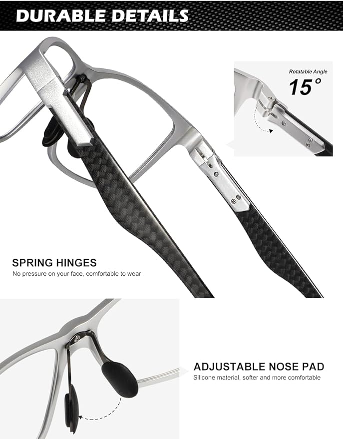 ANYLUV Carbon Fiber Reading Glasses for Men Women, Blue Light Blocking Computer Readers, Anti Glare Spring Hinge
