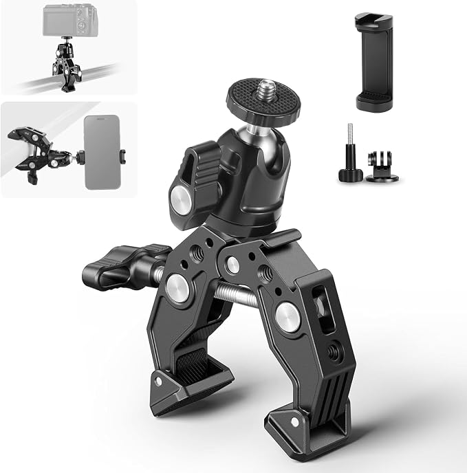Neewer Super Clamp with Ballhead, Cold Shoe, Phone Holder and Action Camera Mount Adapter for Flat/Round Surface Compatible with GoPro DJI iPhone 15 Pro Max, ST87 by Neewer