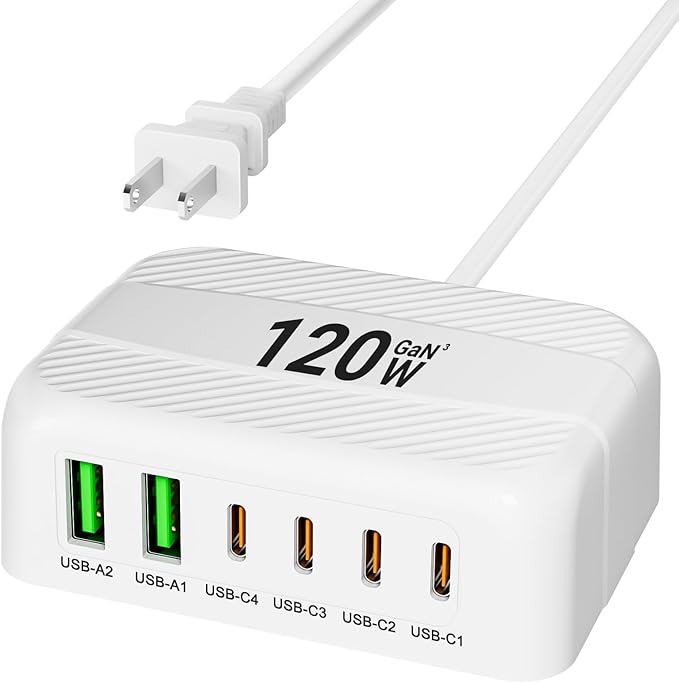 USB C Charger Block,120W 6 Port USB Charging Station,Multiports with 4 USB-C and 2 QC USB A,Portable PD Fast Wall Charger for iPhone16/15/14/13/12/11 Pro Max,iPad,iWatch,Pixel Samsung Galaxy