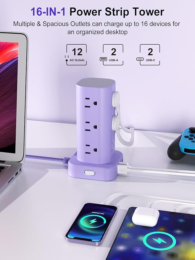 Power Strip Tower with Multiple Outlets, Flat Plug Surge Protector Tower Extension Cord with 12 AC Outlets 4 USB Ports (2 USB C), 6FT Cord Power Tower Surge Protector for Home Office Dorm Room, Purple