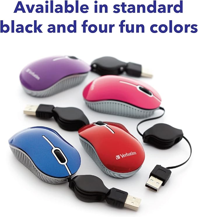 Verbatim Wired Optical Computer Mini USB-A Mouse - Plug & Play Corded Small Travel Mouse with Retractable Cable ?€? Blue 98616