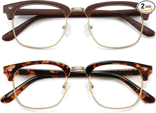 MEETSUN Blue Light Glasses Retro Half Frame Clear Lens - Anti-Eyestrain for Computer, Gaming & Phone Use | Women Men Fashion Bluelight Glasses(Tortoiseshell Frame+Brown Frame / 2 PACK)