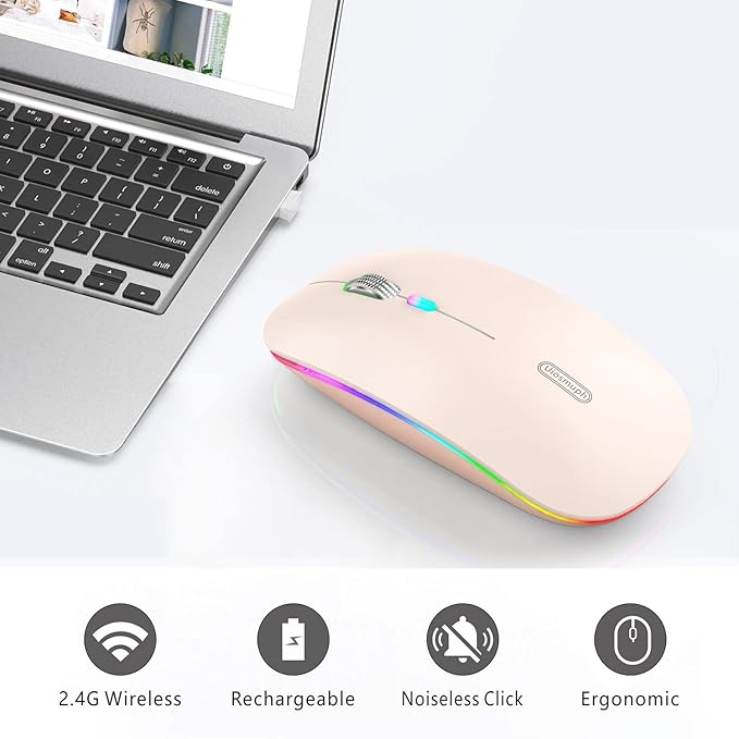 Uiosmuph LED Wireless Mouse, G12 Slim Rechargeable Silent Mouse, 2.4G Portable USB Optical Wireless Computer Mice with USB Receiver and Type C Adapter (Nude Pink)