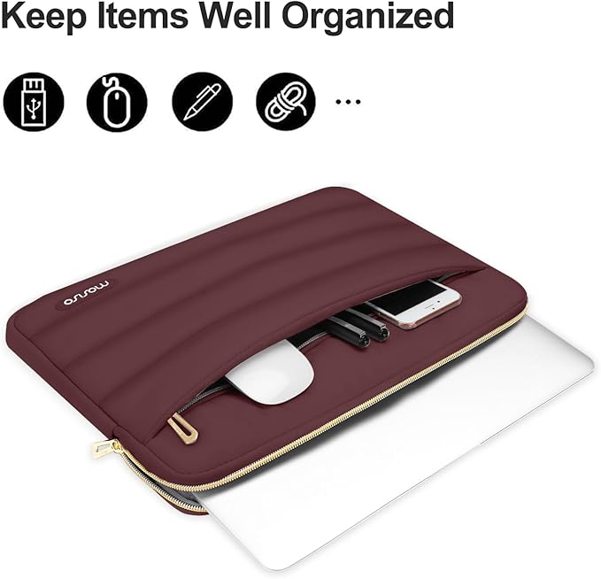 MOSISO Laptop Case 13.3 inch,13-13.3 inch Puffy Laptop Sleeve Compatible with MacBook Air 13.6 M5 M4 M3 M2 M1/Neo/Pro 13/14,HP Dell ASUS Lenovo,Polyester Horizontal Bag with Small Case, Wine Red