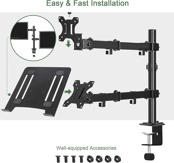 UPGRAVITY Monitor and Laptop Mount, Monitor Arm with Vented Tray for 13" to 27" LCD Computer Screens and Notebook up to 17 inch, Fully Adjustable Laptop Mount Stand Holds up to 17.6lbs