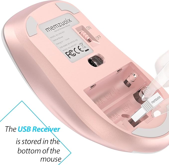memzuoix 2.4G Wireless Mouse, 1400 DPI Computer Mice with USB Receiver, Portable Wireless USB Mouse Battery Powered Cordless Mice for Laptop, PC, Desktop, 5 Buttons (White Pink)