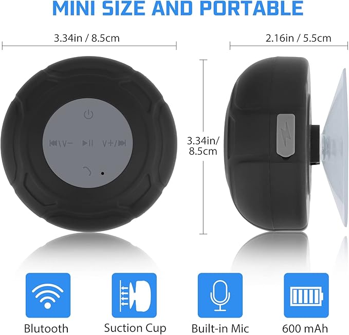 Waterproof Bluetooth Shower Speaker Portable Wireless Water-Resistant Speaker Suction Cup,Built-in Mic Gifts for Kids Speakerphone for iPhone Phone Tablet Bathroom Kitchen - Black