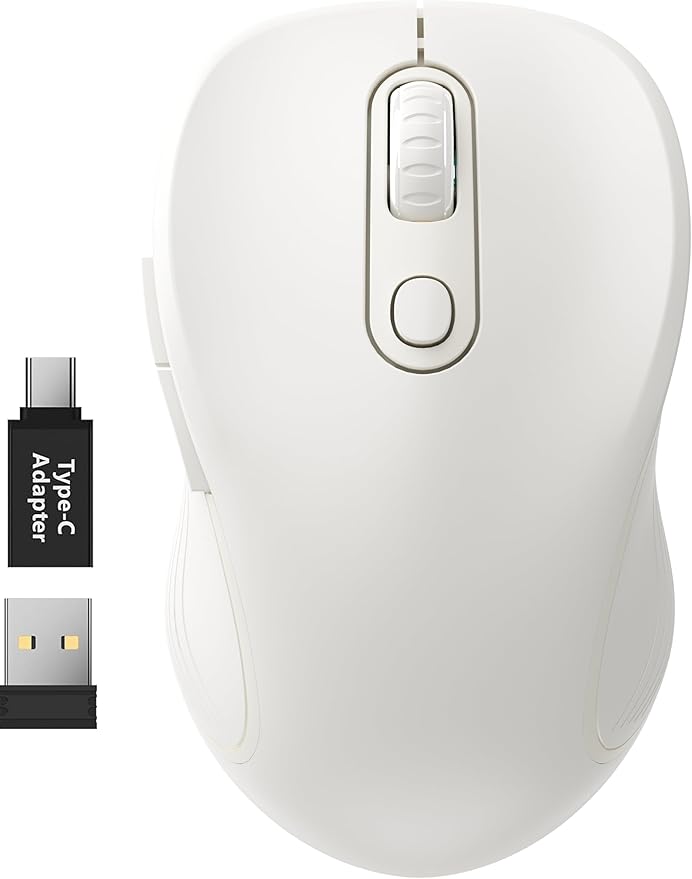 WisFox 2.4G Wireless Mouse for Laptop, Ergonomic Computer Mouse with USB Receiver and Type-C Adapter, 3 Adjustable Levels DPI, 6 Button Cordless Wireless Mice (Pure White)