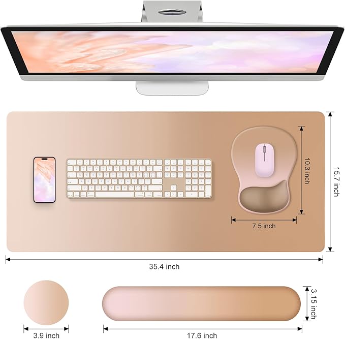 4-in-1 Large Gaming Mouse Pad, Keyboard Wrist Rest Pad & Wrist Support Mousepad Set, Extended Desk Pad Waterproof Desk Mat Protector for Home Office Decor Study Game 35.4×15.7 Inches I Milk Tea Brown
