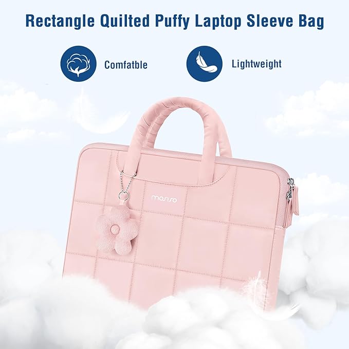 MOSISO Laptop Case 16 inch, 15-15.6 inch Puffy Laptop Sleeve Compatible with MacBook Pro 16 M5 M4 M3 M2 M1,HP Acer Dell Lenovo Notebook,Rectangle Quilted Bag with Handle&Flower Pendant, Pink