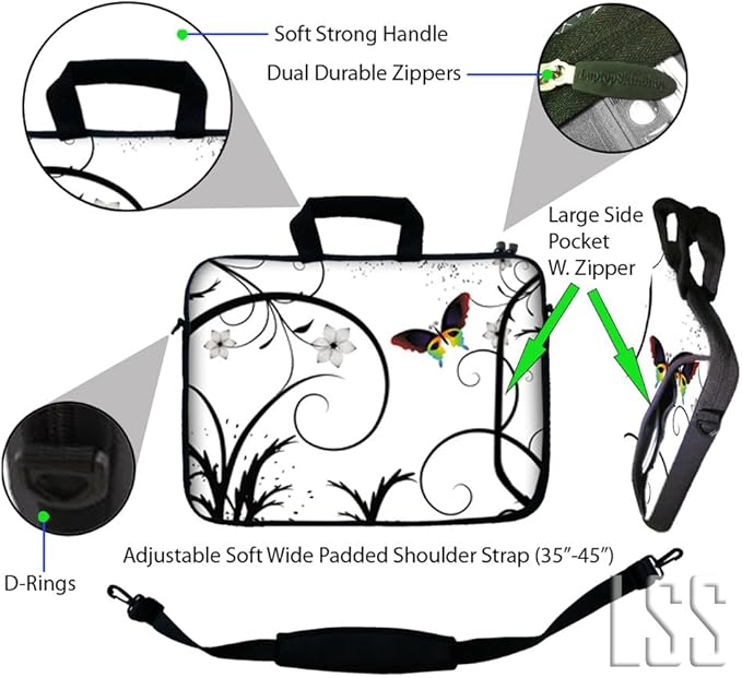 LSS Compatible with Acer, Asus, Dell, HP, Sony, MacBook more - White Butterfly Escape Floral 17 inch Laptop Sleeve Bag with Extra Side Pocket, Adjustable Handle | Carrying Case with Soft Padded Strap