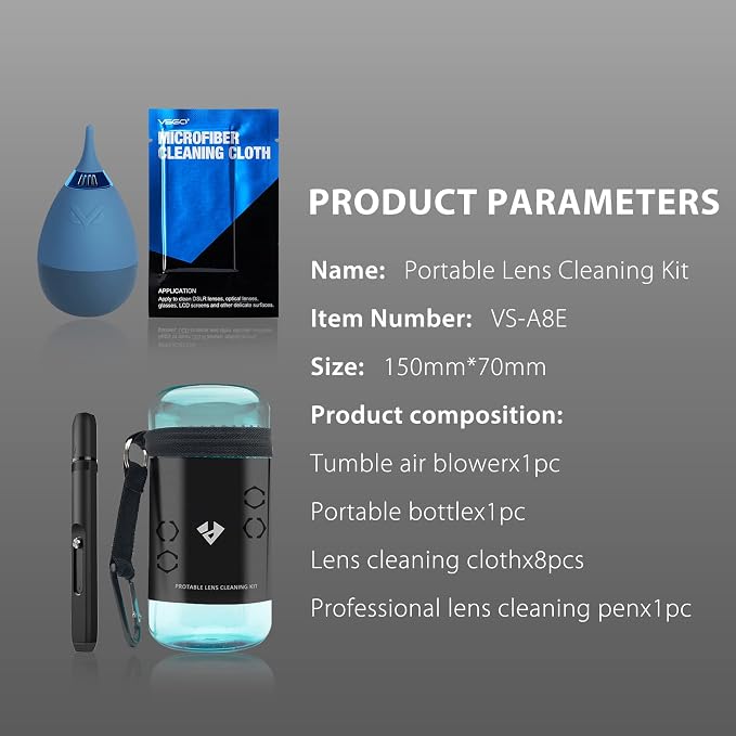 VSGO 11-in-1 Mirrorless Camera Cleaning Kit for Canon,Nikon,Sony,Samsung,Fuji DSLR Cameras, Air Blower Lens Cleaning Pen Microfiber Cloth and Portable Bottle Included (VS-A8E) - Image 8