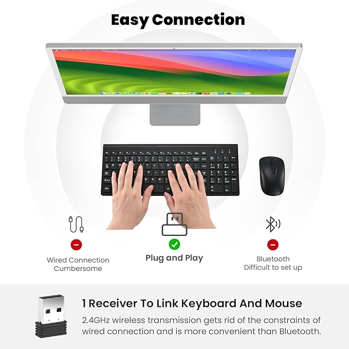 cimetech EasyTyping KF10 Wireless Keyboard and Mouse Combo, [Silent Scissor Switch Keys][Labor-Saving Keys]Ultra Slim Wireless Computer Keyboard and Mouse, Easy Setup for PC/Laptop/Mac/Windows - Black
