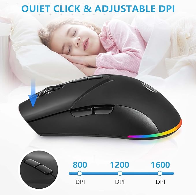 Wireless Bluetooth Mouse, Rechargeable USB Optical Mouse, 3 Adjustable DPI, LED Silent Dual Mode(Bluetooth 5.2 and 2.4G) Wireless Mouse for Laptop, PC, Mac???Ipad???Wide Compatibility. (Black)