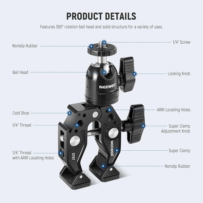 Neewer Super Clamp with Ballhead, Cold Shoe, Phone Holder and Action Camera Mount Adapter for Flat/Round Surface Compatible with GoPro DJI iPhone 15 Pro Max, ST87 - Image 2