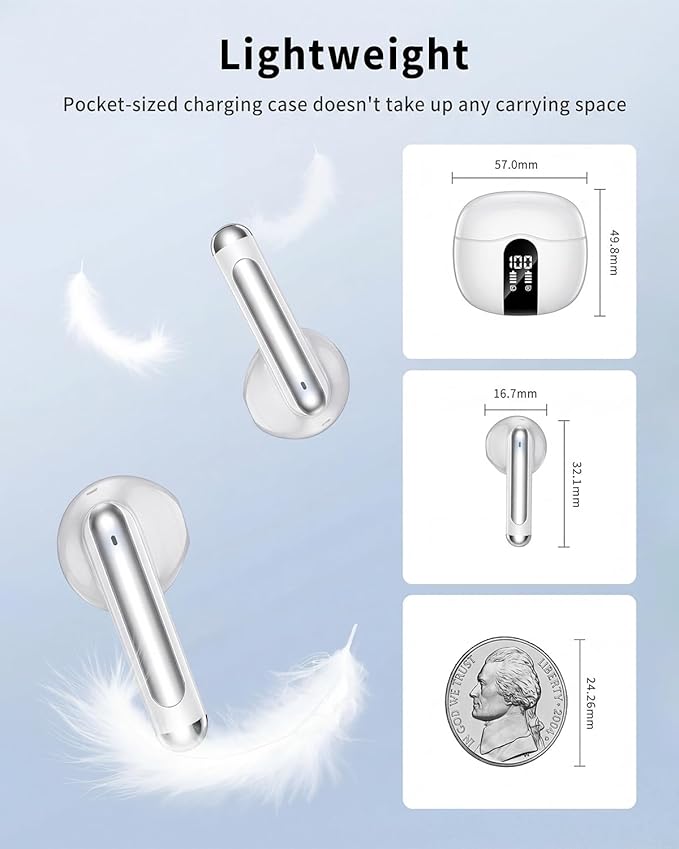 Wireless Earbuds, Bluetooth 5.4 Headphones HiFi Stereo, Ear Buds with 50H Playback, LED Display Wireless Earphones Clear Calls, IP7 Waterproof, Bluetooth Earbuds for Laptop/Phones/Sports, White