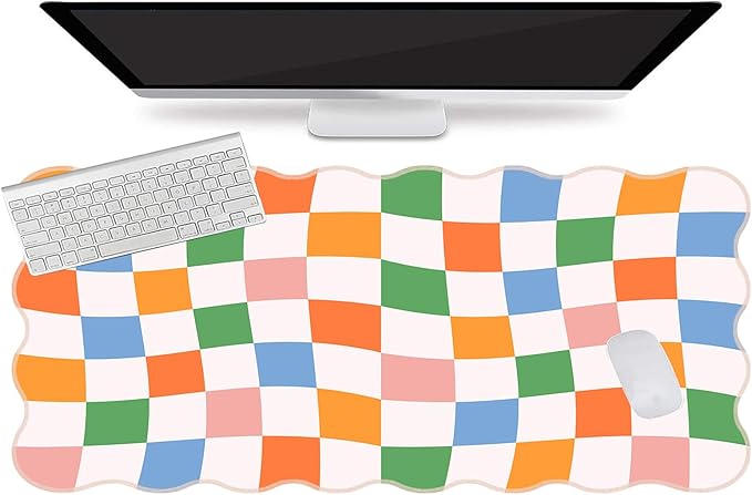 L-SPOUTTO Checkered Mouse Pad,Geometric Desk Mat XXL Large Scalloped Gaming Mousepad,35.4x15.7in Non-Slip Base Keyboard Pad Waterproof Desktop Mat for Laptop Computer Game Home Office-Checkered