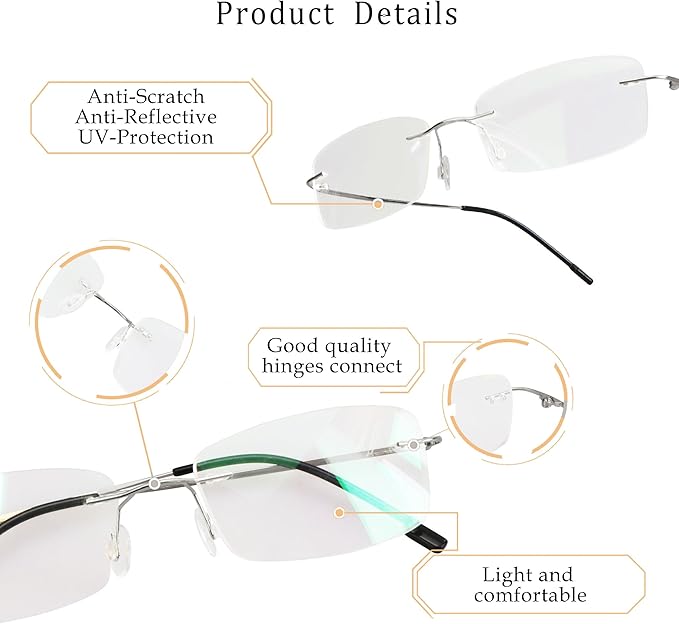 LifeArt Blue Light Blocking Computer Reading Glasses,Men's and Women's Rimless Frame (Silver, +1.25 Magnification)