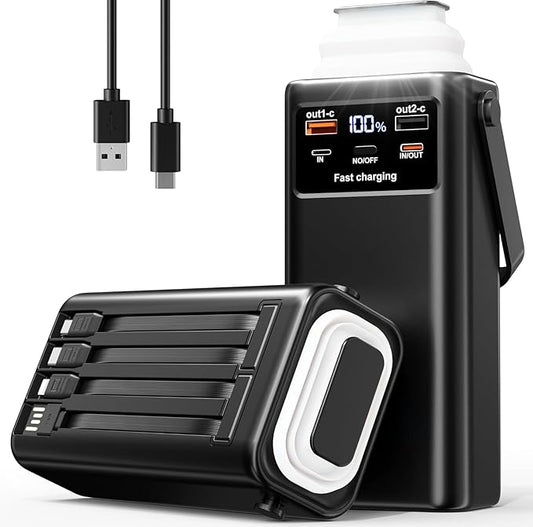 Power Bank 52800mAh PD 35W High Capacity Battery Pack with Built-in 4 Cables & LED Flashlight - 8 Port Portable Charger for Travel, Outdoor, and Multiple Device Charging