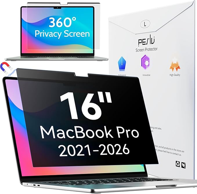 Peslv Magnetic 4 Way Privacy Screen for Macbook Pro 16 Inch (2021-2026, M1, M2, M3, M4, M5), Removable Matte Anti Glare Blue Light Protector, 360 Private Security Filter for Mac Laptop Computer
