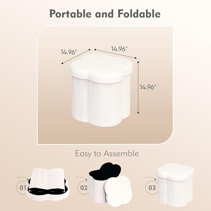 B FSOBEIIALEO Storage Ottoman Cube, Flowers Shaped Ottomans with Storage Foot Stool Footrest, Boucle Ottoman Seat for Dorm Room, Faux Teddy Fur,White 15"x15"x15"