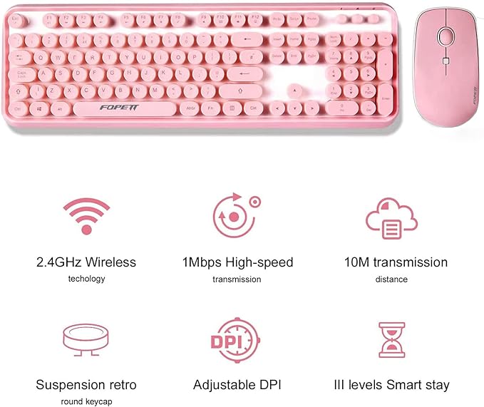 FOPETT Keyboard and Mouse Sets Wireless, Reliable 2.4 GHz Connectivity for PC,Laptop,Smart TV and More (Pink)