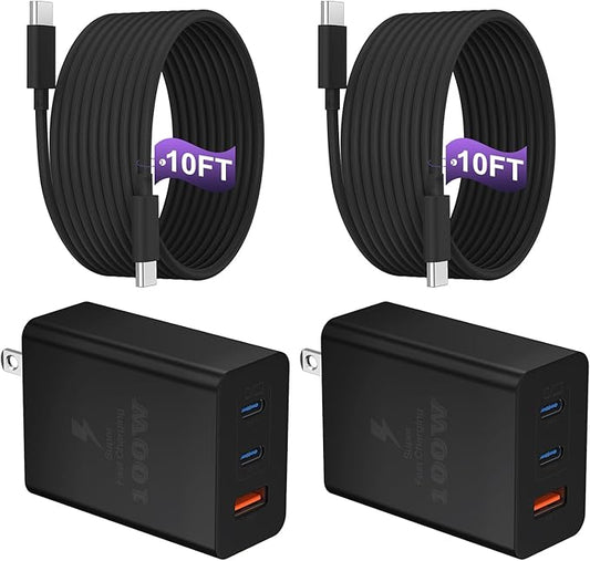 USB C Charger Block 100W, 3-Port GaN Super Fast Phone Charger, Type C 65W Laptop Chargers with 10ft USB C Charging Cable for MacBook Pro/Air,iPad Pro, iPhone 17/16, Galaxy S26 Ultra/S24[2 Pack]-Black