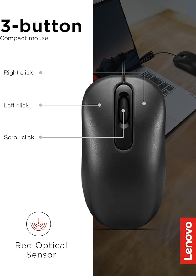 Lenovo 100 Wired USB Computer Mouse for PC, Laptop, Computer with Windows - Full-Size - Ambidextrous Design - 3 Buttons - Red Optical Sensor ?€? Black