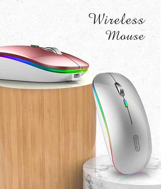 Uiosmuph LED Wireless Mouse, G12 Slim Rechargeable Silent Mouse, 2.4G Portable USB Optical Wireless Computer Mice with USB Receiver and Type C Adapter (Silver)