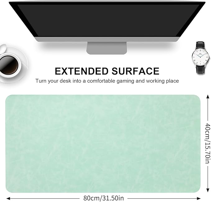 Desk Pad Soft PU Leather Large Mouse Pad Laptop Computer Desk Mat Table Blotter Flat Smooth Waterproof Non-Slip Desktop Protector Writing Pad for Office and Home (Light Green, 80x40cm)